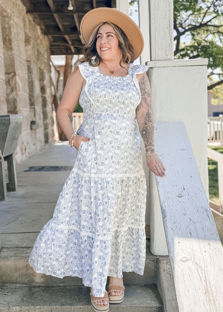 Cali Printed Smocking Top Ruffle Sleeve Tiered Dress - The Farmhouse