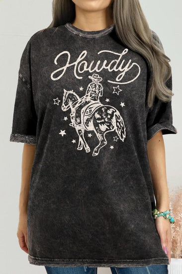 Howdy Cowboy Oversized Graphic Tee - Vintage Mineral Black - The Farmhouse