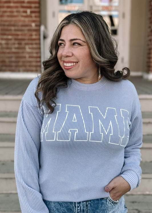MAMA Graphic Ribbed Pullover Sweater - Oxford Blue - The Farmhouse