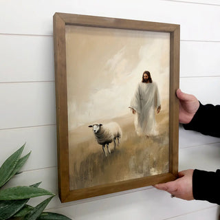 Jesus Walking with Lost Sheep - Jesus Canvas Art - Framed 12x18"
