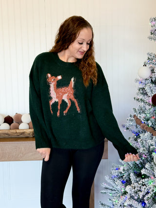 Forest Baby Deer Holiday Sweater, Vintage Green