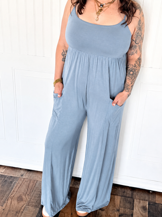 Jersey Knit Spaghetti Strap Jumpsuit, Chambray