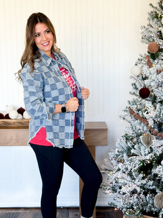 Washed Checkered Denim Shacket Shirt, Denim