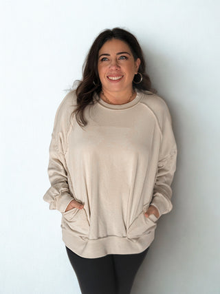 Vintage Vibe Mineral Wash Pullover – Relaxed Exposed Seam Cotton Sweatshirt, Lt Khaki