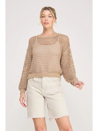 ALLIE ROSE Women's Latte Lace Pointelle Sweater