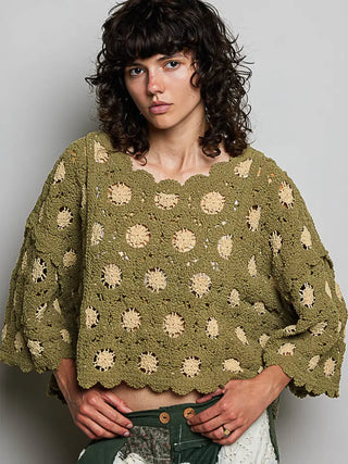 POL Women's Orchard Weave 3/4 Sleeve Top, Olive/Almond