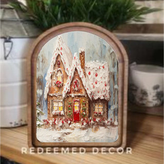 Gingerbread Cottage Arch Framed Art, 6x8”