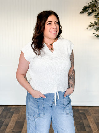 Harper Split-Neck Slub Sweater Top, Off White