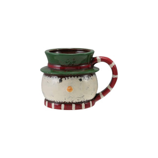 Hand-painted ceramic snowman head mug with green hat and striped handle