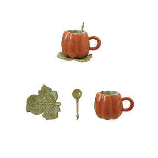 14 oz. Stoneware Pumpkin Shaped Mug with Saucer & Spoon, Set of 3 - 440 Kitchen + Tabletop - The Farmhouse