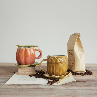 14 oz. Stoneware Pumpkin Shaped Mug with Saucer & Spoon, Set of 3 - 440 Kitchen + Tabletop - The Farmhouse