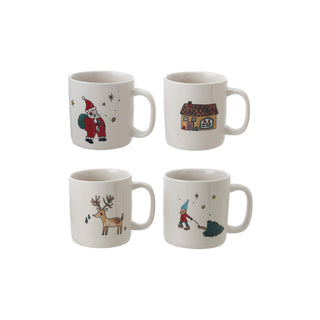 Stoneware mugs with raised multicolor wax relief images in four holiday styles