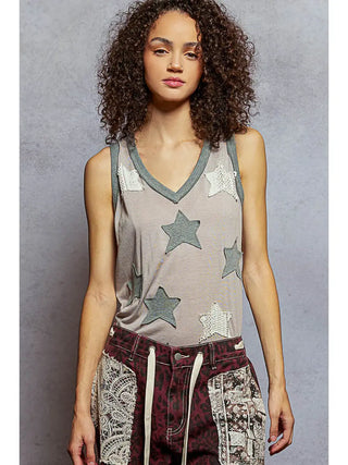 V-Neck Sleeveless Front Star Patches Solid Basic Top, Dusty Olive & Pearl Grey & Red
