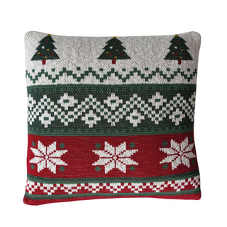 Square cotton knit Fair Isle pillow in red, green and white with trees