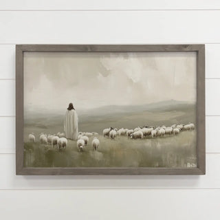 Jesus Flock of Sheep - Jesus Canvas Art - Wood Framed Decor 18x24"