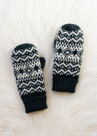 Cozy Knit Mittens, Dark Teal & White