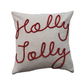 Square natural cotton pillow with red Holly Jolly script embroidery