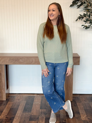 Serene Sage Pointelle Crewneck Sweater
