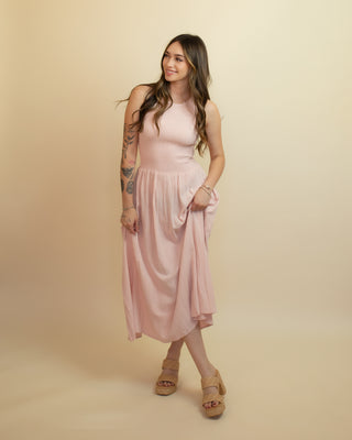 LOVESTITCH Women's Smocked Tie-Back Midi Dress Pink