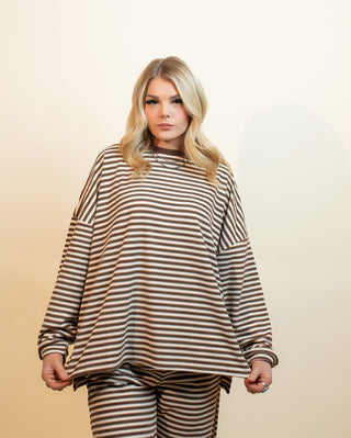THINGS BETWEEN Women's Cinnamon Latte Stripe Long Sleeve Top