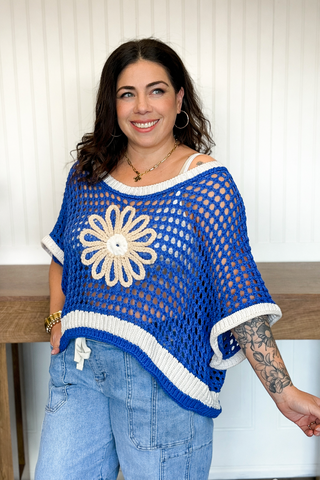 Meadow Bloom Sleeveless Crochet Sweater Top, Ivory/Blue