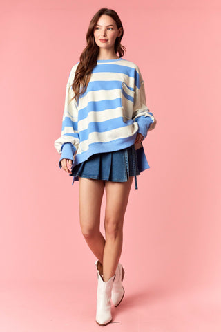 Striped Colorblock Terry Pocket Sweatshirt, Blue & White