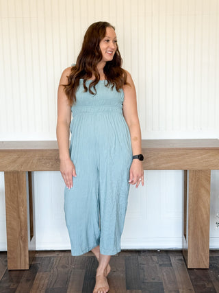 Canal Blue Silky Ruched Babydoll Jumpsuit
