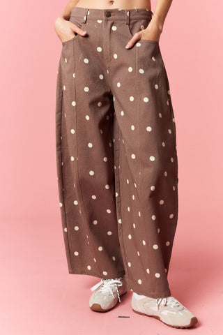 PEACH LOVE Women's Cinnamon Cream Polka Dot Wide Leg Pants