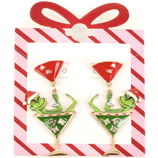 JOIA Women's Christmas Rhinestone Grinch Martini Drop Earring