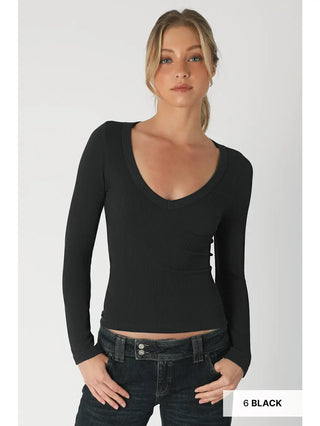 NIKIBIKI Women's Deep V Neck Long Sleeve Top, Black