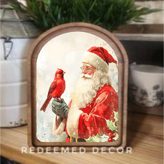 Cardinal Santa Christmas Arched Frame Art, 6”x8”