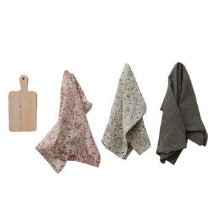 (3) Tea Towels & Mango Wood Cheese/Serving Board, Set of 4 Tied with Jute & Wood Bead - 420 Home Decor - The Farmhouse