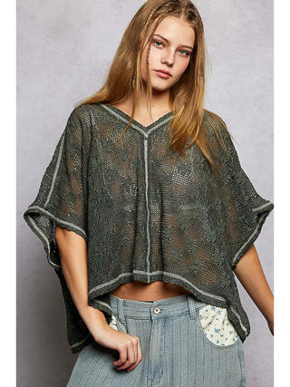 V-Neck Sleeveless Color Block Solid Lace Knit Top, Charcoal & Nude Beige