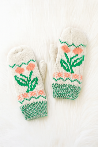 Cozy Knit Mittens, Ivory Cherry Pattern