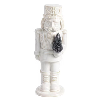 Mud Pie large white ceramic nutcracker with reactive glaze and bottle brush tree