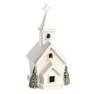 Mud Pie stoneware church sitter with double trees and pressed lace texture