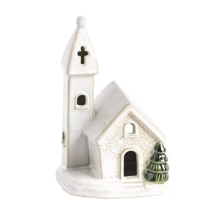 Mud Pie stoneware church sitter with single tree and pressed lace texture