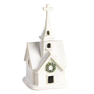 Mud Pie stoneware church sitter with pressed lace texture and wreath accent