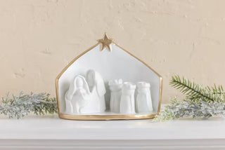 Mud Pie glazed stoneware nativity scene with hand-painted gold edging