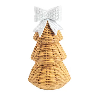 Mud Pie small resin wicker-texture Christmas tree sitter with bow topper