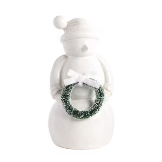Mud Pie large white stoneware snowman holding bottle brush wreath with velvet bow
