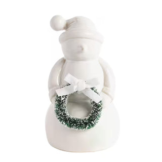 Mud Pie small white ceramic snowman holding bottle brush wreath with velvet bow