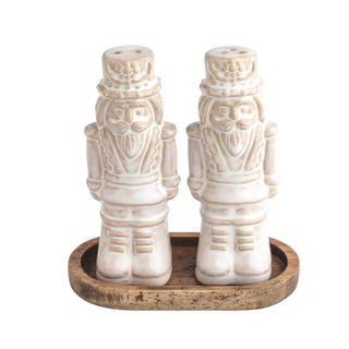 Mud Pie white ceramic nutcracker salt and pepper shakers with wooden tray