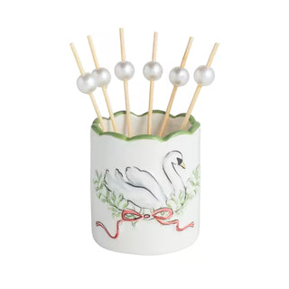 Alternate view of Mud Pie swan toothpick caddy with patterned exterior