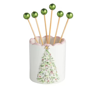 Alternate view of Mud Pie tree toothpick caddy with hand-painted scallop edge