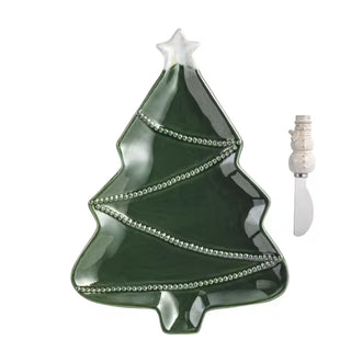 Mud Pie tree-shaped stoneware platter with snowman handle spreader set
