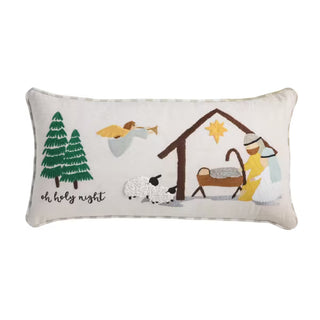 Front view of Mud Pie manger embroidered pillow with contrast piping