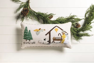 Mud Pie linen-blend pillow with embroidered felt manger and gingham piping
