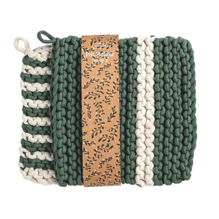 Mud Pie white and green stripe crochet pot holder set of two
