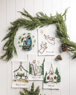 Styled view of Mud Pie nativity printed towel